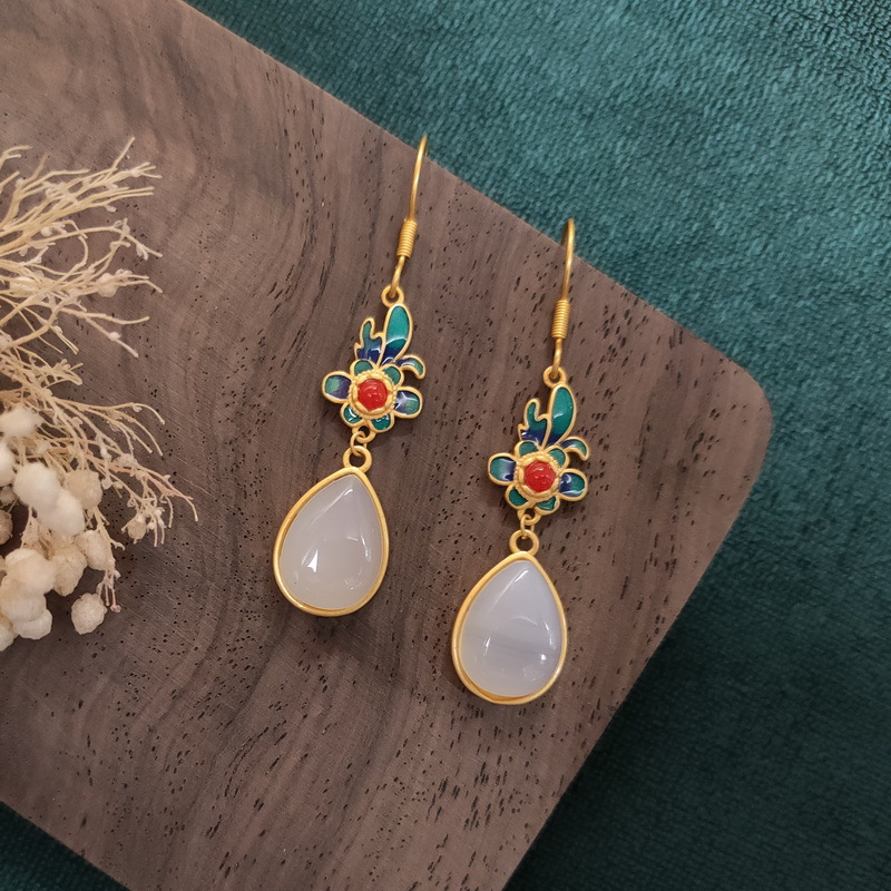 National Fashion Chalcedony Earrings Long Bridal Temperament Hanfu Flag Drop Shape Enamel Ear Rings Fairy Girl Mori Style Earrings