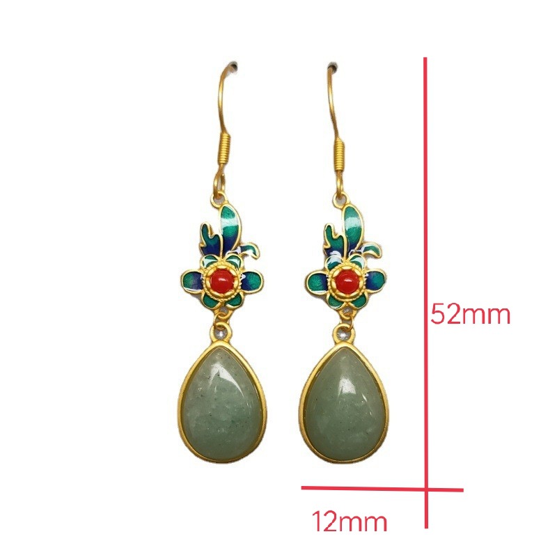 National Fashion Chalcedony Earrings Long Bridal Temperament Hanfu Flag Drop Shape Enamel Ear Rings Fairy Girl Mori Style Earrings