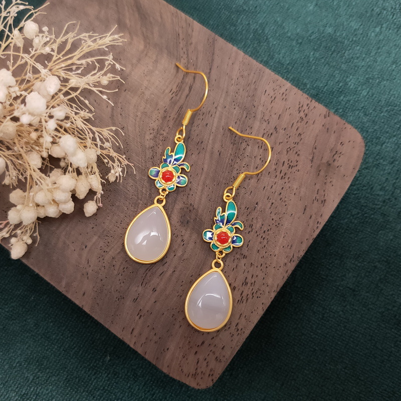 National Fashion Chalcedony Earrings Long Bridal Temperament Hanfu Flag Drop Shape Enamel Ear Rings Fairy Girl Mori Style Earrings