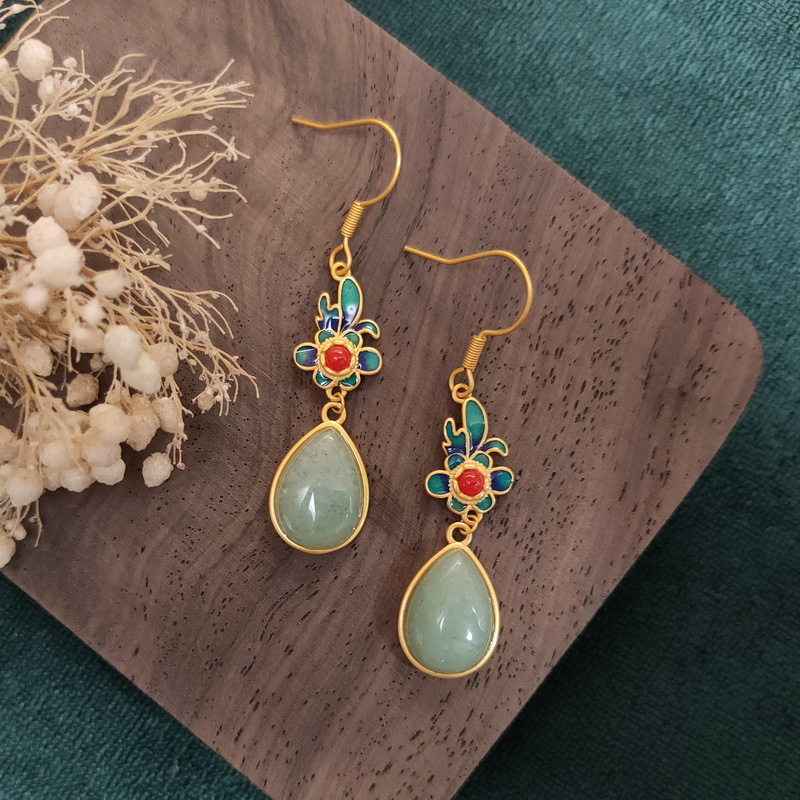 National Fashion Chalcedony Earrings Long Bridal Temperament Hanfu Flag Drop Shape Enamel Ear Rings Fairy Girl Mori Style Earrings