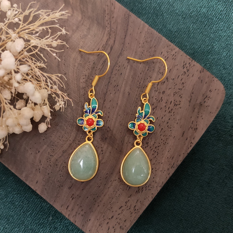 National Fashion Chalcedony Earrings Long Bridal Temperament Hanfu Flag Drop Shape Enamel Ear Rings Fairy Girl Mori Style Earrings
