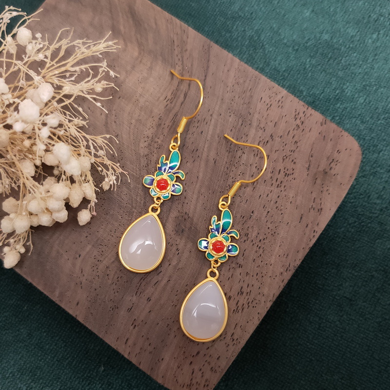 National Fashion Chalcedony Earrings Long Bridal Temperament Hanfu Flag Drop Shape Enamel Ear Rings Fairy Girl Mori Style Earrings