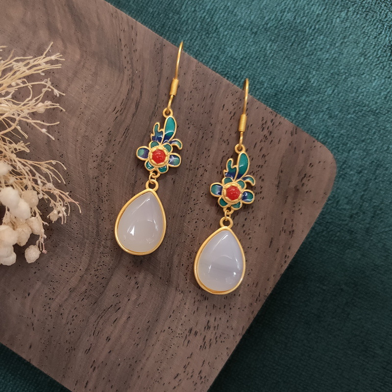 National Fashion Chalcedony Earrings Long Bridal Temperament Hanfu Flag Drop Shape Enamel Ear Rings Fairy Girl Mori Style Earrings