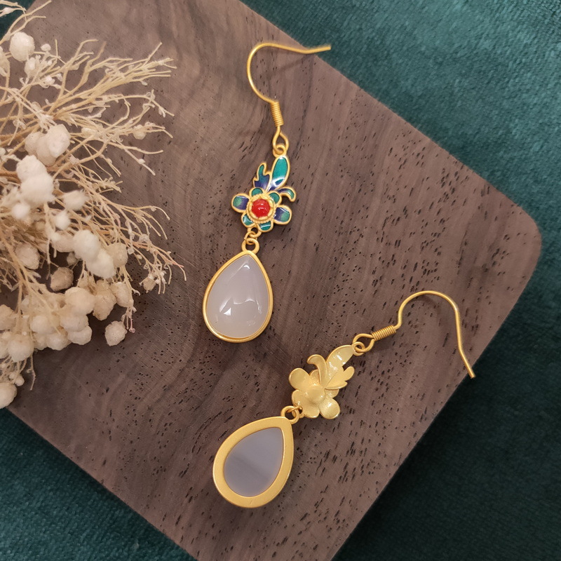 National Fashion Chalcedony Earrings Long Bridal Temperament Hanfu Flag Drop Shape Enamel Ear Rings Fairy Girl Mori Style Earrings