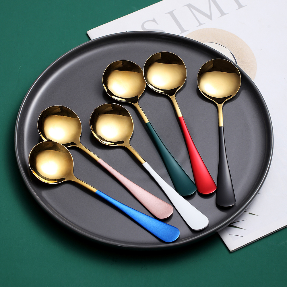 Internet Celebrity Spoon Household Stainless Steel Soup Ladle Eating Soup Watermelon Spoon Cute Creative Long Handle Korean Dessert Spoon