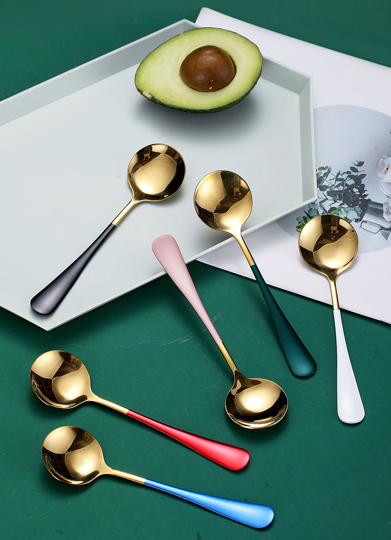 Internet Celebrity Spoon Household Stainless Steel Soup Ladle Eating Soup Watermelon Spoon Cute Creative Long Handle Korean Dessert Spoon