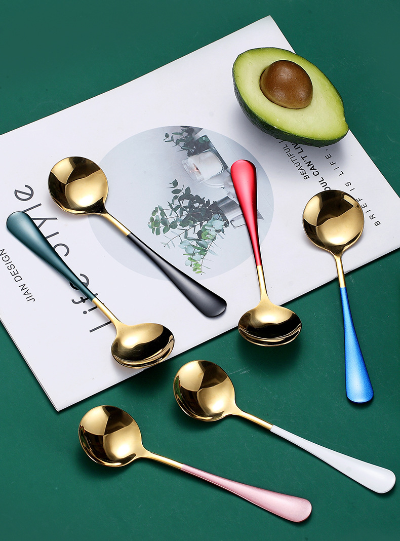 Internet Celebrity Spoon Household Stainless Steel Soup Ladle Eating Soup Watermelon Spoon Cute Creative Long Handle Korean Dessert Spoon
