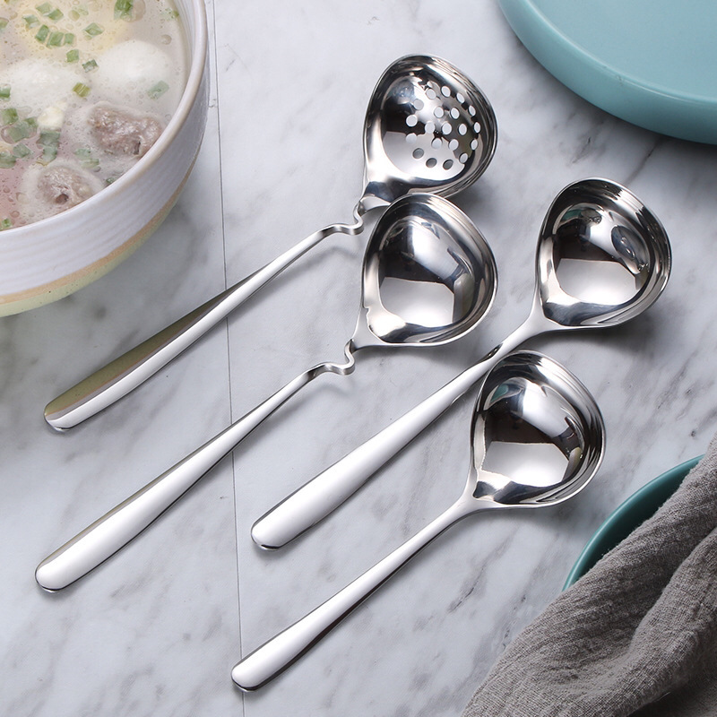 Korean Style 304 Stainless Steel Soup Ladle Drain Long Handle Deepening Thickening Kitchen Household Porridge Spoon Large Head round Spoon Spoon