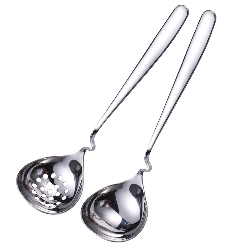 Korean Style 304 Stainless Steel Soup Ladle Drain Long Handle Deepening Thickening Kitchen Household Porridge Spoon Large Head round Spoon Spoon