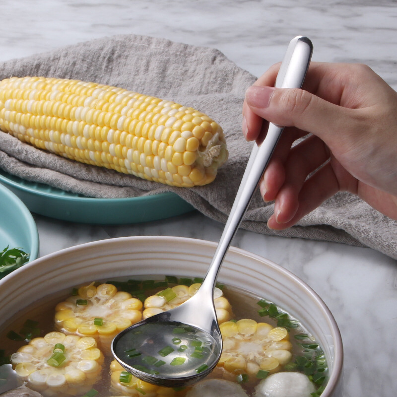 Korean Style 304 Stainless Steel Soup Ladle Drain Long Handle Deepening Thickening Kitchen Household Porridge Spoon Large Head round Spoon Spoon