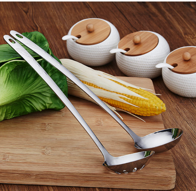 Stainless Steel Soup Ladle 6 Points 7 Points Hot Pot Spoon Extended Handle Soup Ladle Leaf Drops Colander Kitchen Home Hotel Supplies