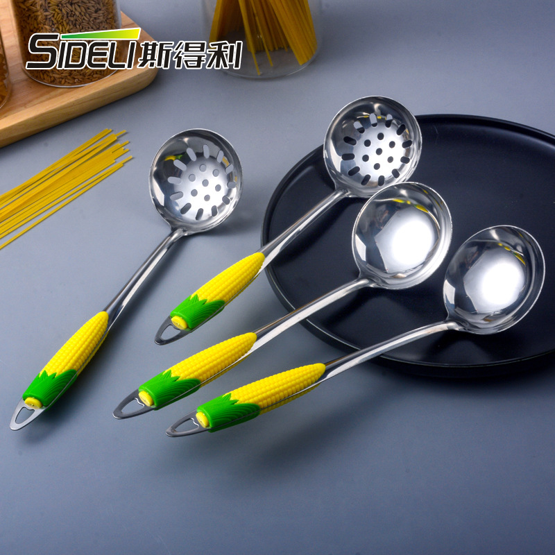 Steely Corn Stainless Steel Soup Ladle Soup Ladle Colander Porridge Spoon Anti-Scald Handle Spoon Hot Pot Restaurant Thickened Multi-Purpose Spoon