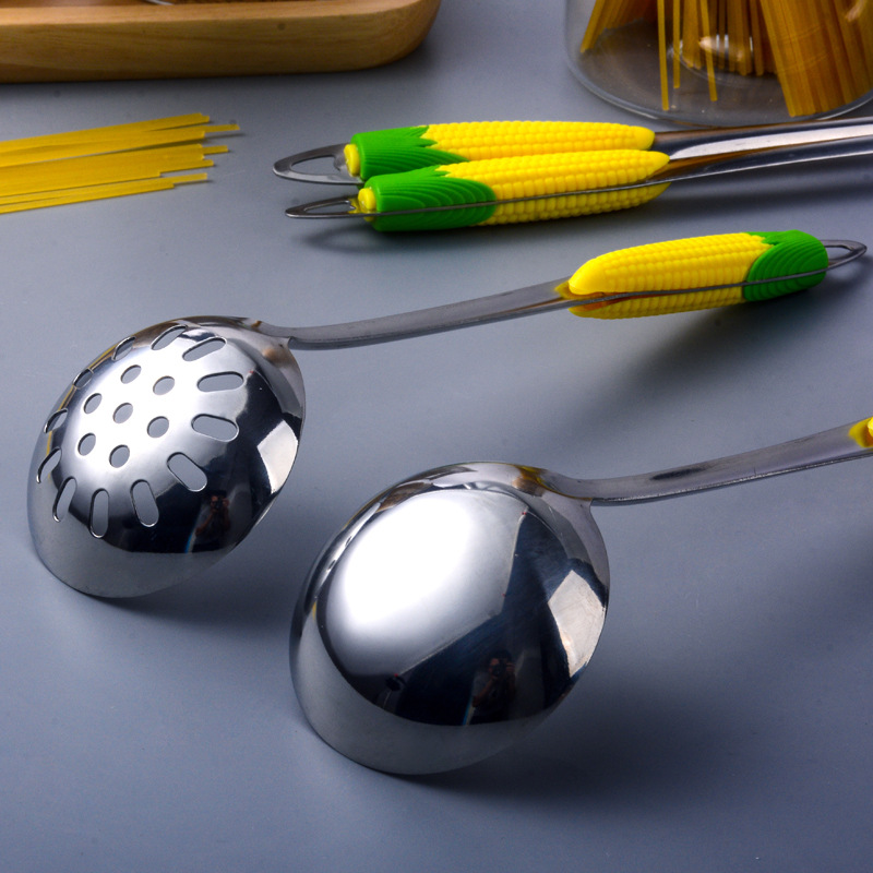 Steely Corn Stainless Steel Soup Ladle Soup Ladle Colander Porridge Spoon Anti-Scald Handle Spoon Hot Pot Restaurant Thickened Multi-Purpose Spoon