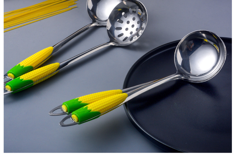 Steely Corn Stainless Steel Soup Ladle Soup Ladle Colander Porridge Spoon Anti-Scald Handle Spoon Hot Pot Restaurant Thickened Multi-Purpose Spoon
