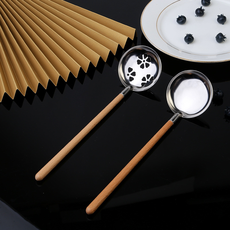 304 Stainless Steel Soup Ladle Colander Household Restaurant Creative Wooden Handle Hot Pot Spoon Mini Japanese Noodles Spoon Cooking Spoon