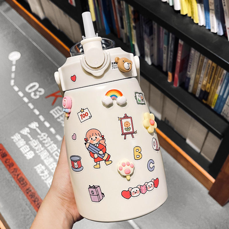 New 304 Stainless Steel Large Capacity Big Belly Cup with Rope Handle Outdoor Portable Thermal Insulation Kettle Cartoon Straw Water Bottle