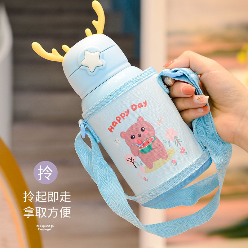 316 Stainless Steel Antlers Vacuum Thermos Cup Cartoon Cute Straw Cup XINGX Cover Bottle for Children Strap Water Cup