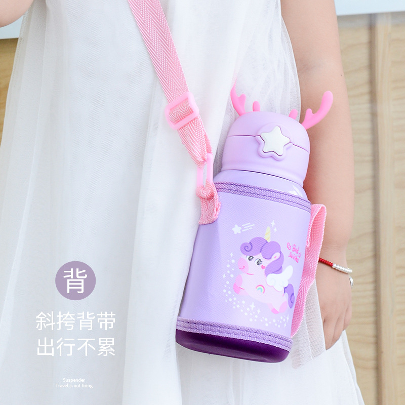 316 Stainless Steel Antlers Vacuum Thermos Cup Cartoon Cute Straw Cup XINGX Cover Bottle for Children Strap Water Cup