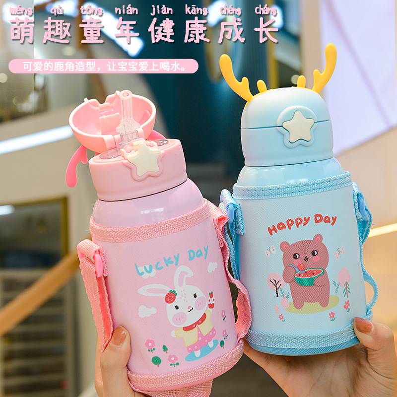 316 Stainless Steel Antlers Vacuum Thermos Cup Cartoon Cute Straw Cup XINGX Cover Bottle for Children Strap Water Cup