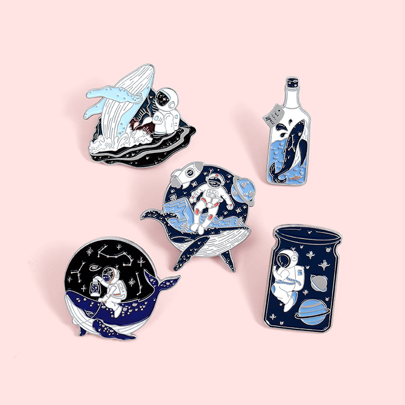 Foreign Trade Hot Selling Cartoon Brooch Unique and Exquisite Cool Cover Whale Astronaut Series Drift Bottle Modeling Brooch Badge