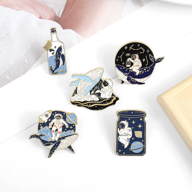 Foreign Trade Hot Selling Cartoon Brooch Unique and Exquisite Cool Cover Whale Astronaut Series Drift Bottle Modeling Brooch Badge