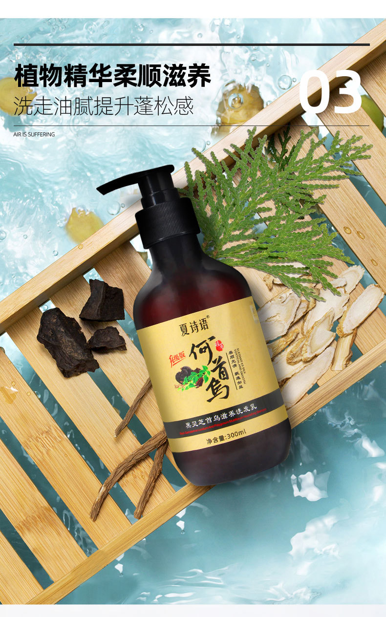 Summer Shiyu Black Ganoderma Lucidum Polygonum Multiflorum Plant Extract Shampoo 300G/Bottle in Stock Wholesale Shampoo Oil Removing Dandruff