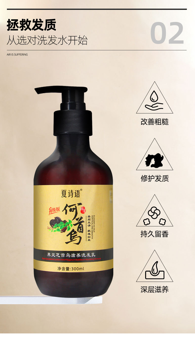 Summer Shiyu Black Ganoderma Lucidum Polygonum Multiflorum Plant Extract Shampoo 300G/Bottle in Stock Wholesale Shampoo Oil Removing Dandruff