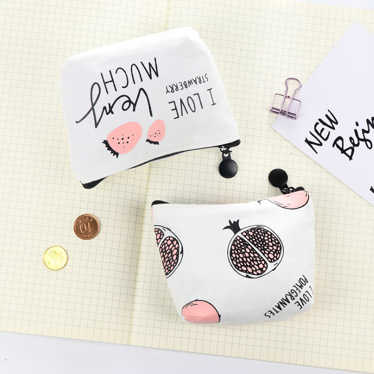 Creative Simple Canvas Coin Purse Cartoon Fruit Strawberry Pattern Large Capacity Key Case Card Holder Coin Bag