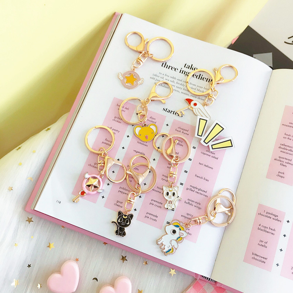 Japanese Korean Cartoon Creative Cute Magic Card Girl Sakura Magic Wand Keychain Key Ring Girl Heart Ornament Accessories