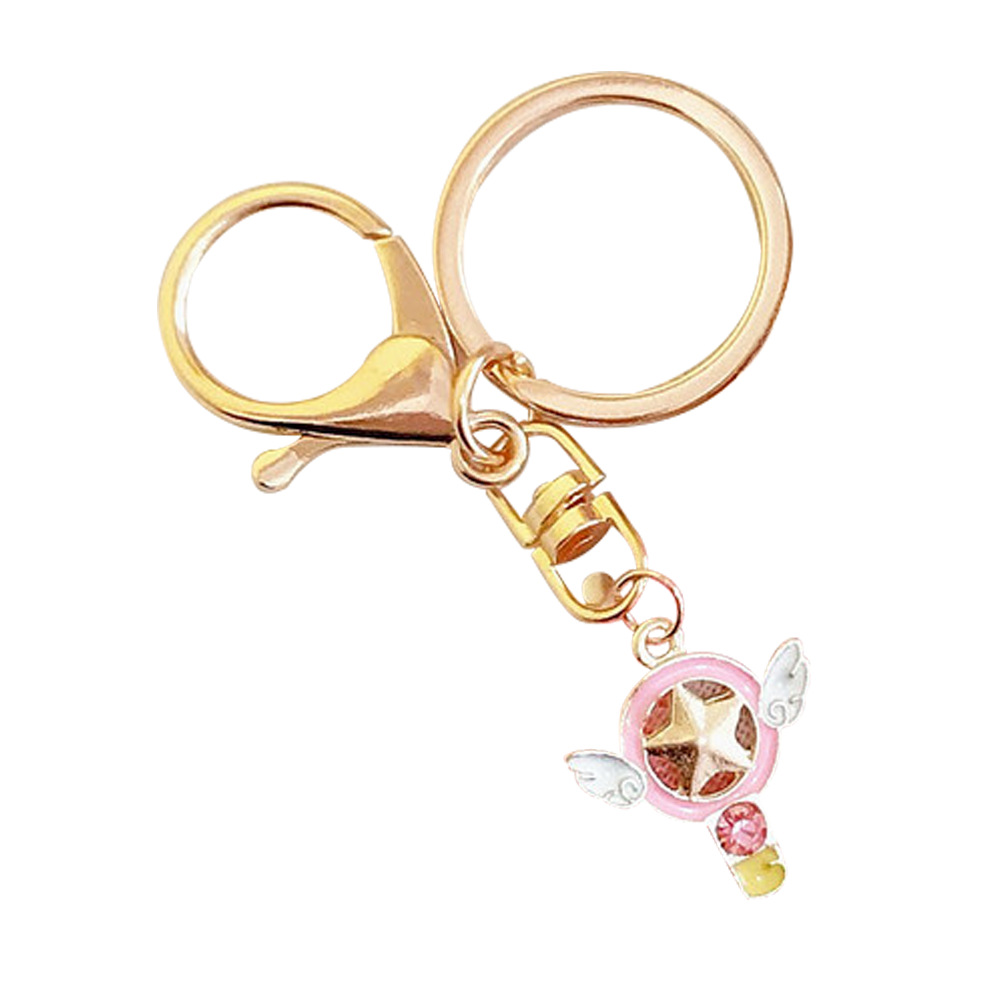 Japanese Korean Cartoon Creative Cute Magic Card Girl Sakura Magic Wand Keychain Key Ring Girl Heart Ornament Accessories