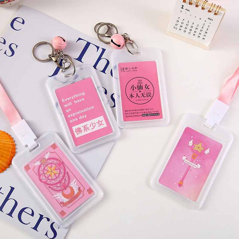 Creative Fresh Transparent Card Cover Hard IC Certificate Holder Key Chain with Bell Meal Card Student Access Control Bus Card Holder
