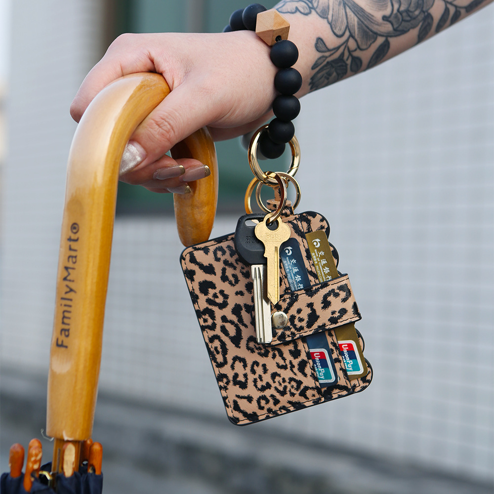 Color Silicone Beads Bracelet Bracelet Keychain Female Foreign Trade Amazon Pu Tassel Card Bag Silicone Bracelet Key Ring