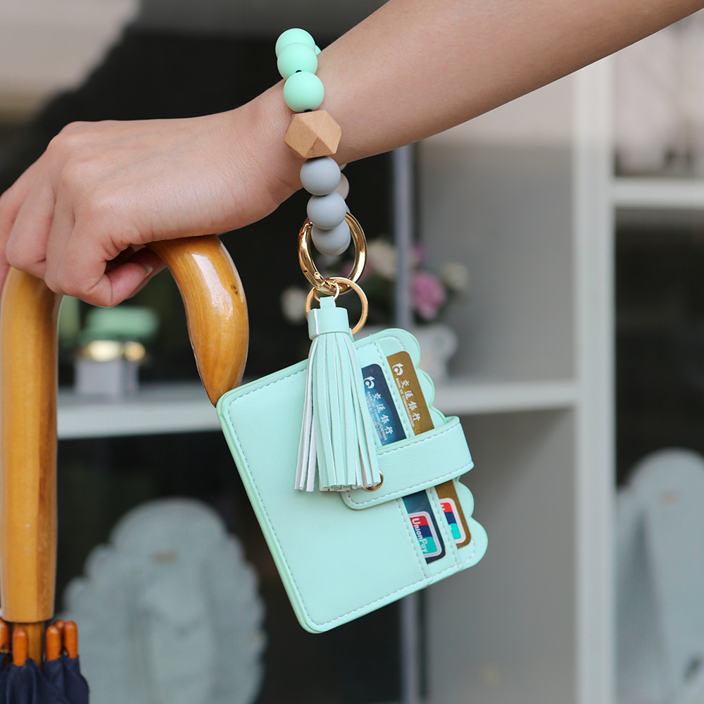 Color Silicone Beads Bracelet Bracelet Keychain Female Foreign Trade Amazon Pu Tassel Card Bag Silicone Bracelet Key Ring Color Silicone Beads Bracelet Bracelet Keychain Female Foreign Trade Amazon Pu Tassel Card Bag Silicone Bracelet Key Ring