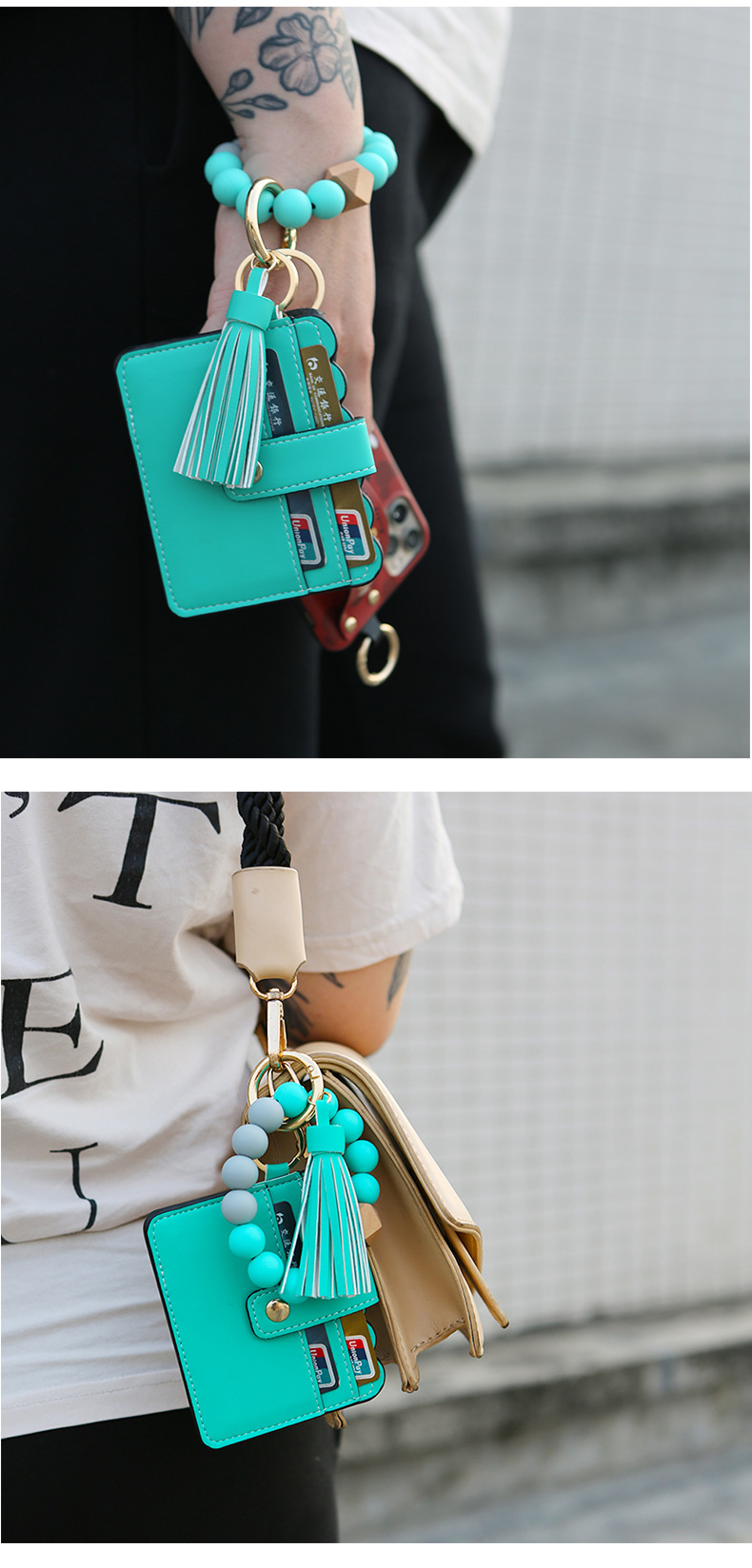 Color Silicone Beads Bracelet Bracelet Keychain Female Foreign Trade Amazon Pu Tassel Card Bag Silicone Bracelet Key Ring Color Silicone Beads Bracelet Bracelet Keychain Female Foreign Trade Amazon Pu Tassel Card Bag Silicone Bracelet Key Ring