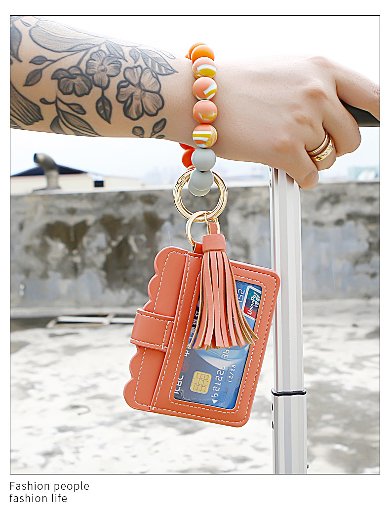 Color Silicone Beads Bracelet Bracelet Keychain Female Foreign Trade Amazon Pu Tassel Card Bag Silicone Bracelet Key Ring Color Silicone Beads Bracelet Bracelet Keychain Female Foreign Trade Amazon Pu Tassel Card Bag Silicone Bracelet Key Ring