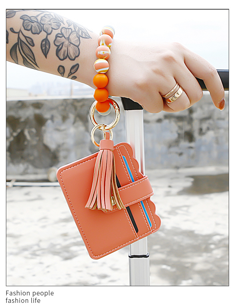 Color Silicone Beads Bracelet Bracelet Keychain Female Foreign Trade Amazon Pu Tassel Card Bag Silicone Bracelet Key Ring Color Silicone Beads Bracelet Bracelet Keychain Female Foreign Trade Amazon Pu Tassel Card Bag Silicone Bracelet Key Ring