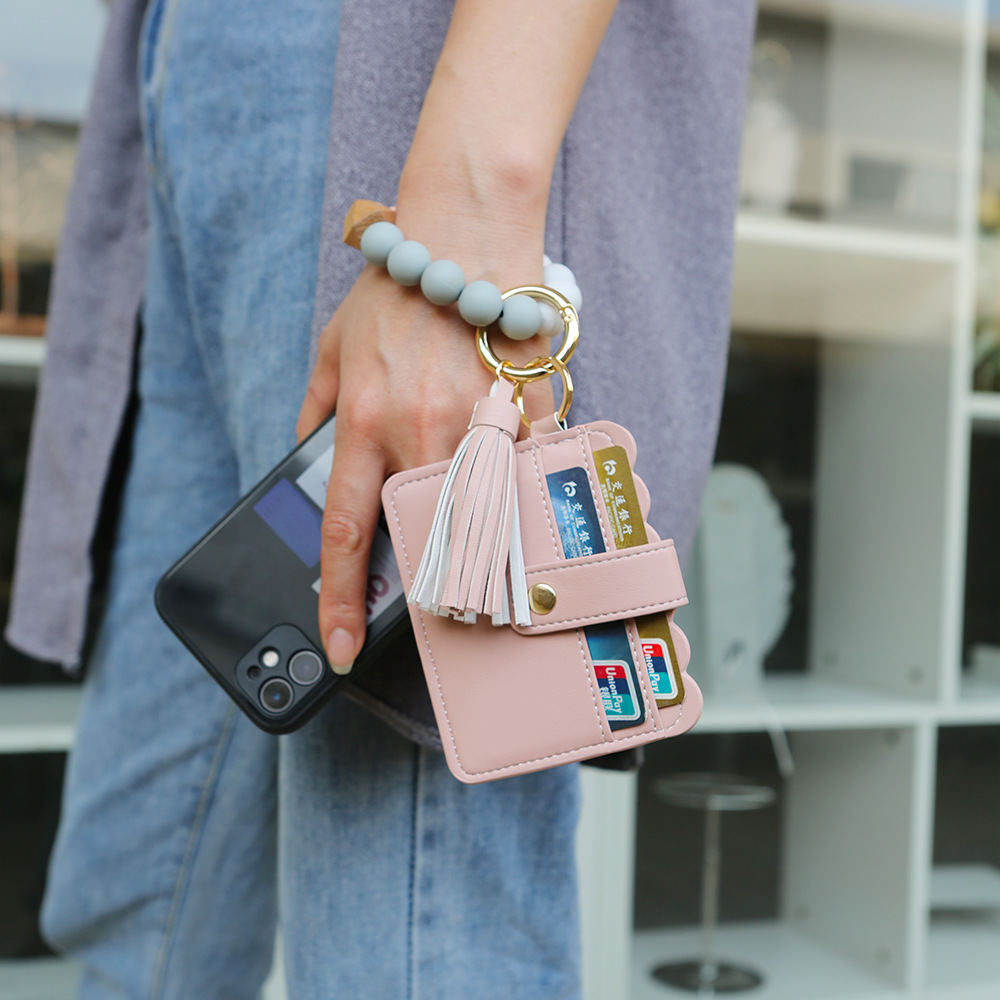 Color Silicone Beads Bracelet Bracelet Keychain Female Foreign Trade Amazon Pu Tassel Card Bag Silicone Bracelet Key Ring Color Silicone Beads Bracelet Bracelet Keychain Female Foreign Trade Amazon Pu Tassel Card Bag Silicone Bracelet Key Ring