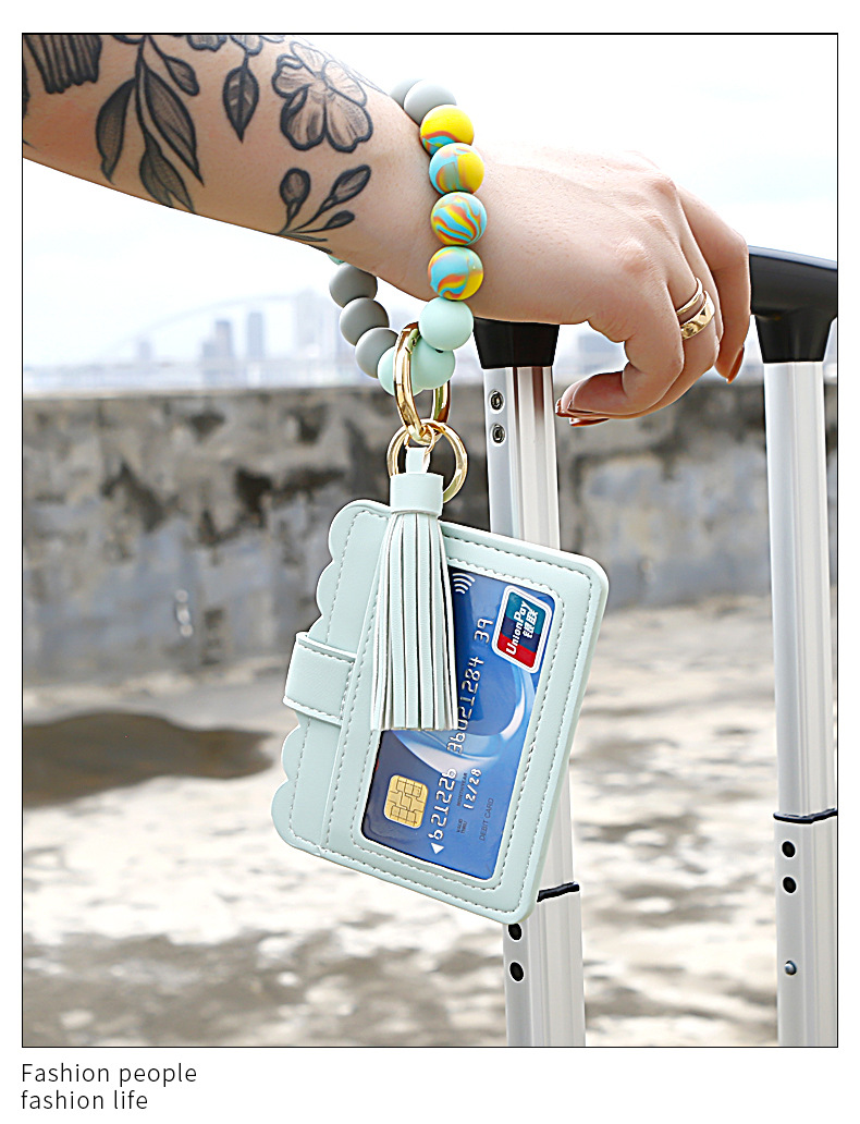Color Silicone Beads Bracelet Bracelet Keychain Female Foreign Trade Amazon Pu Tassel Card Bag Silicone Bracelet Key Ring Color Silicone Beads Bracelet Bracelet Keychain Female Foreign Trade Amazon Pu Tassel Card Bag Silicone Bracelet Key Ring