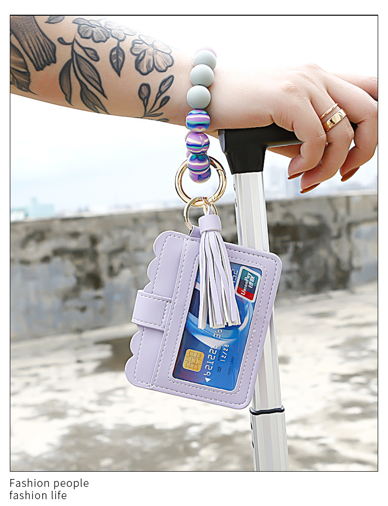 Color Silicone Beads Bracelet Bracelet Keychain Female Foreign Trade Amazon Pu Tassel Card Bag Silicone Bracelet Key Ring Color Silicone Beads Bracelet Bracelet Keychain Female Foreign Trade Amazon Pu Tassel Card Bag Silicone Bracelet Key Ring
