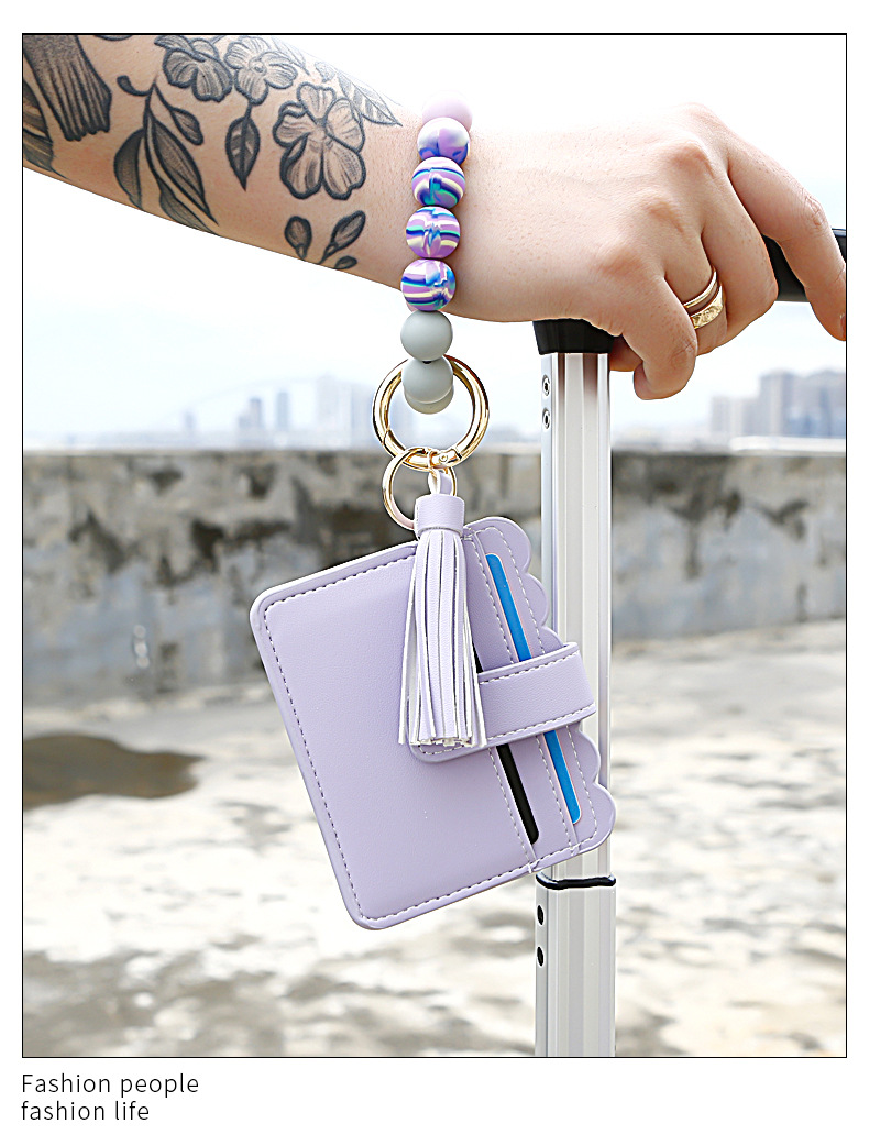 Color Silicone Beads Bracelet Bracelet Keychain Female Foreign Trade Amazon Pu Tassel Card Bag Silicone Bracelet Key Ring Color Silicone Beads Bracelet Bracelet Keychain Female Foreign Trade Amazon Pu Tassel Card Bag Silicone Bracelet Key Ring