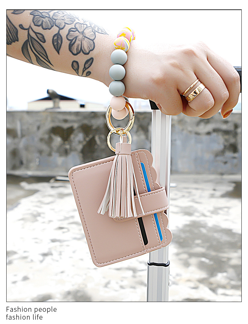 Color Silicone Beads Bracelet Bracelet Keychain Female Foreign Trade Amazon Pu Tassel Card Bag Silicone Bracelet Key Ring Color Silicone Beads Bracelet Bracelet Keychain Female Foreign Trade Amazon Pu Tassel Card Bag Silicone Bracelet Key Ring
