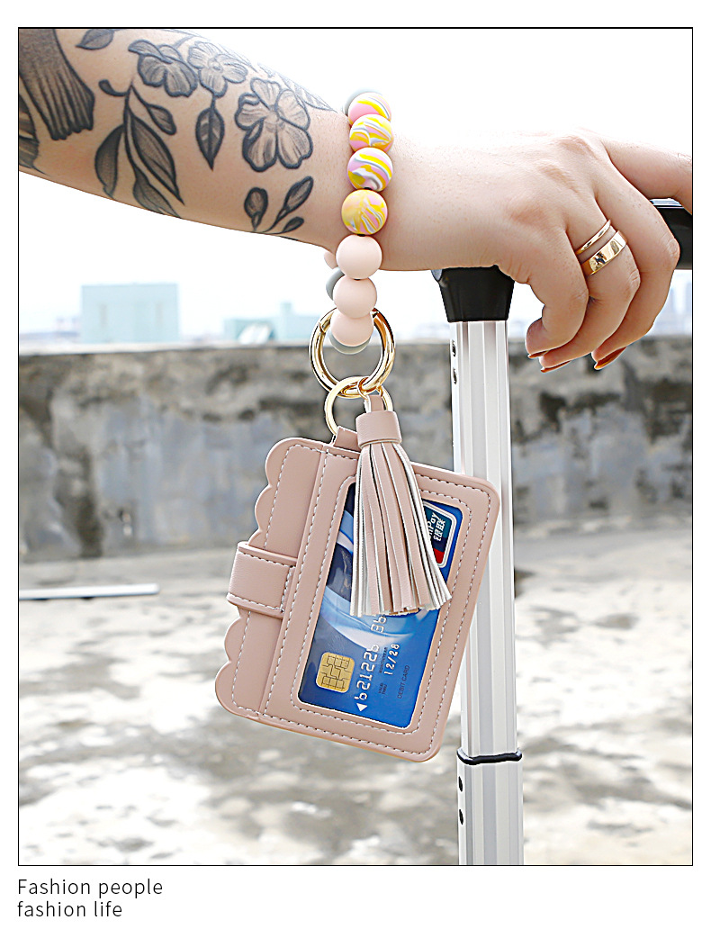 Color Silicone Beads Bracelet Bracelet Keychain Female Foreign Trade Amazon Pu Tassel Card Bag Silicone Bracelet Key Ring Color Silicone Beads Bracelet Bracelet Keychain Female Foreign Trade Amazon Pu Tassel Card Bag Silicone Bracelet Key Ring