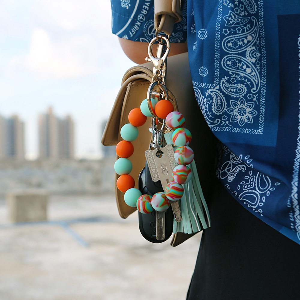 Color Silicone Beads Bracelet Bracelet Keychain Female Foreign Trade Amazon Pu Tassel Card Bag Silicone Bracelet Key Ring Color Silicone Beads Bracelet Bracelet Keychain Female Foreign Trade Amazon Pu Tassel Card Bag Silicone Bracelet Key Ring