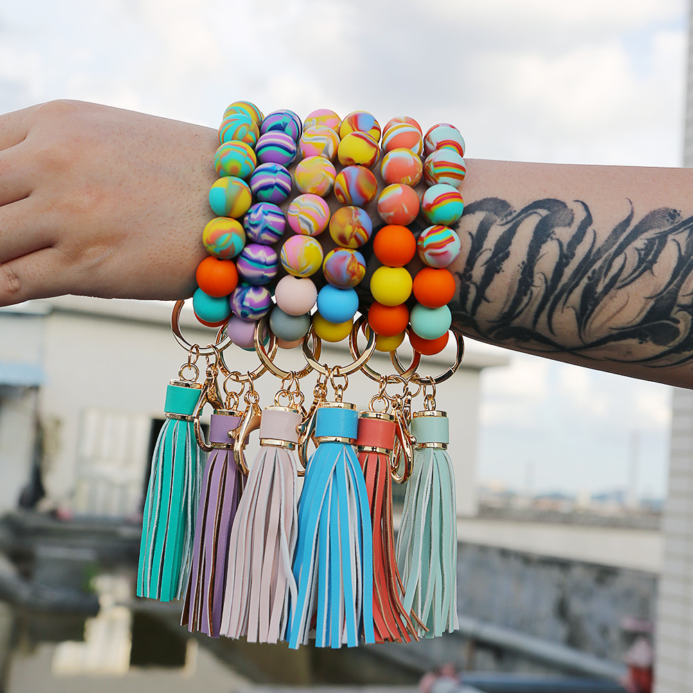 Color Silicone Beads Bracelet Bracelet Keychain Female Foreign Trade Amazon Pu Tassel Card Bag Silicone Bracelet Key Ring Color Silicone Beads Bracelet Bracelet Keychain Female Foreign Trade Amazon Pu Tassel Card Bag Silicone Bracelet Key Ring