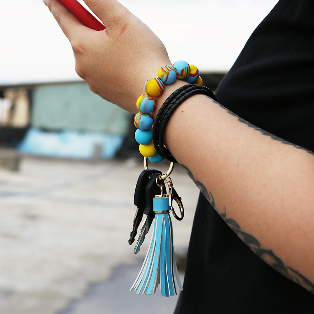 Color Silicone Beads Bracelet Bracelet Keychain Female Foreign Trade Amazon Pu Tassel Card Bag Silicone Bracelet Key Ring Color Silicone Beads Bracelet Bracelet Keychain Female Foreign Trade Amazon Pu Tassel Card Bag Silicone Bracelet Key Ring