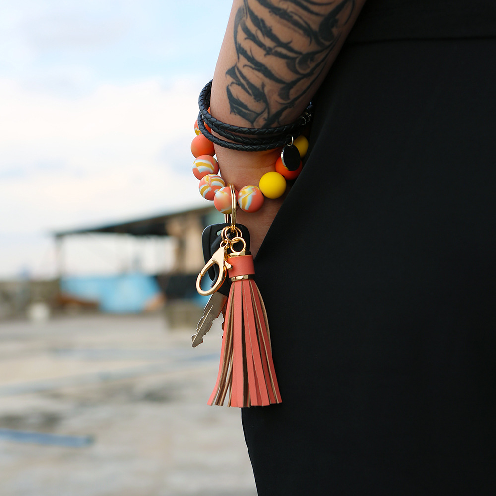 Color Silicone Beads Bracelet Bracelet Keychain Female Foreign Trade Amazon Pu Tassel Card Bag Silicone Bracelet Key Ring Color Silicone Beads Bracelet Bracelet Keychain Female Foreign Trade Amazon Pu Tassel Card Bag Silicone Bracelet Key Ring