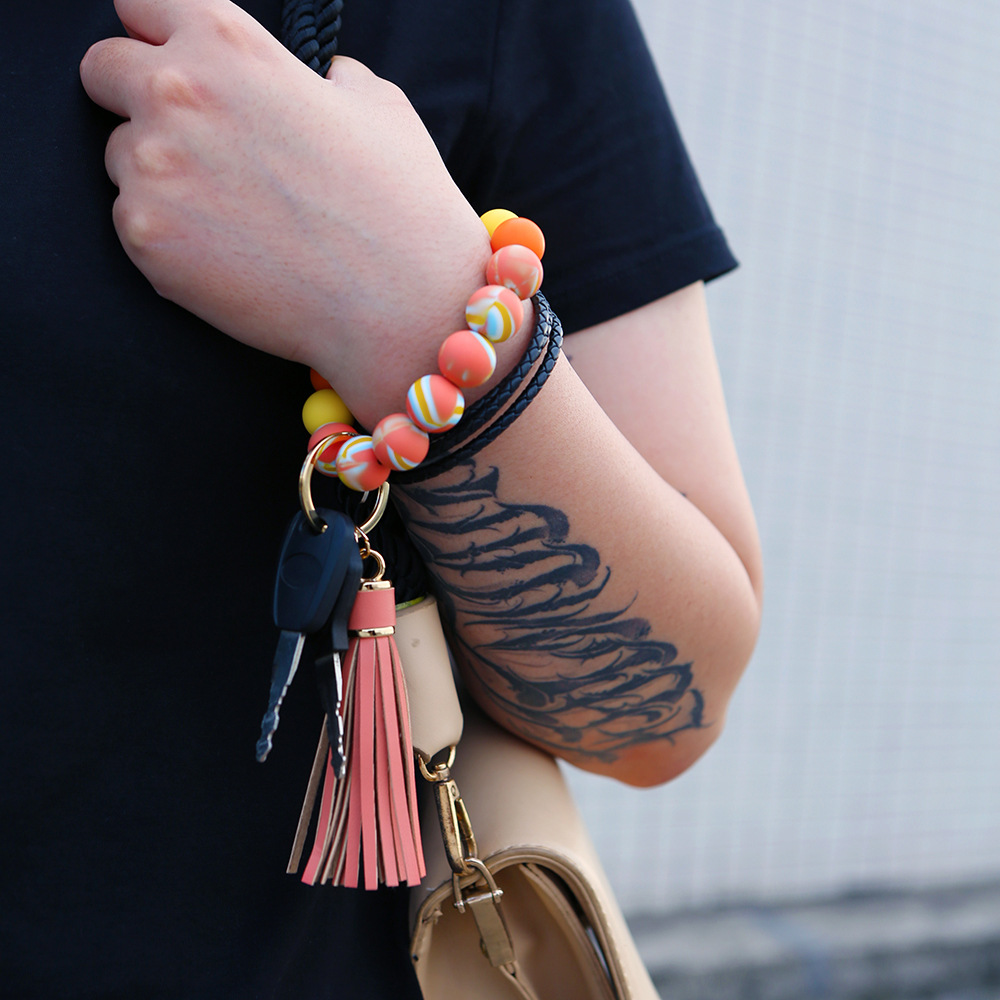 Color Silicone Beads Bracelet Bracelet Keychain Female Foreign Trade Amazon Pu Tassel Card Bag Silicone Bracelet Key Ring Color Silicone Beads Bracelet Bracelet Keychain Female Foreign Trade Amazon Pu Tassel Card Bag Silicone Bracelet Key Ring
