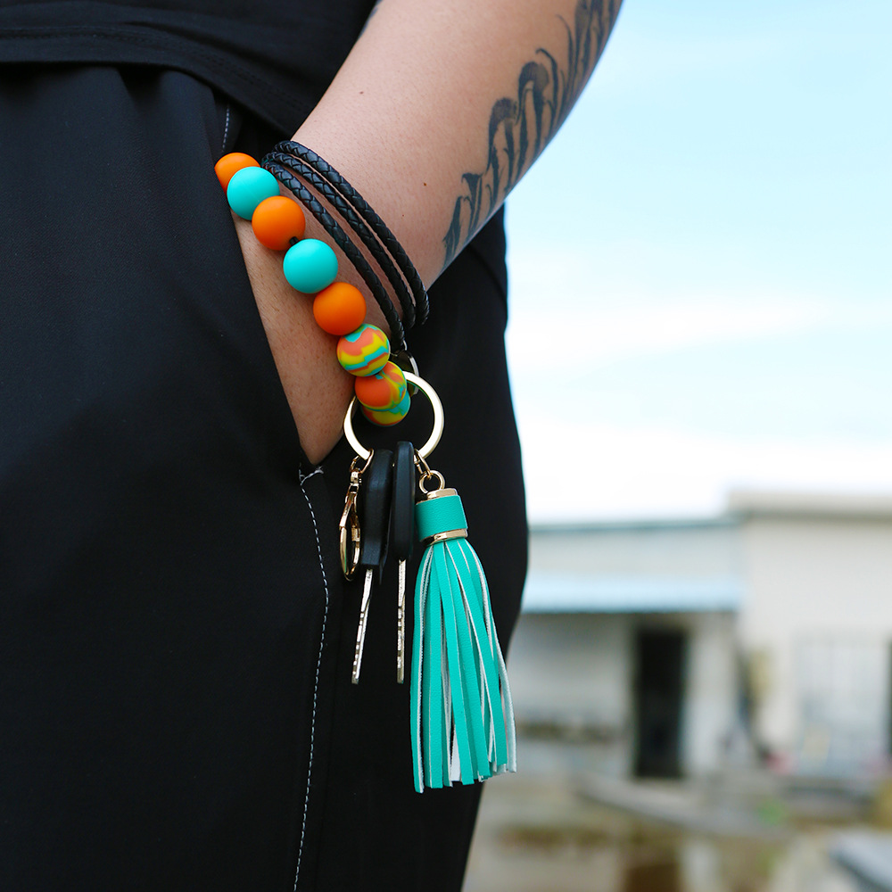 Color Silicone Beads Bracelet Bracelet Keychain Female Foreign Trade Amazon Pu Tassel Card Bag Silicone Bracelet Key Ring Color Silicone Beads Bracelet Bracelet Keychain Female Foreign Trade Amazon Pu Tassel Card Bag Silicone Bracelet Key Ring
