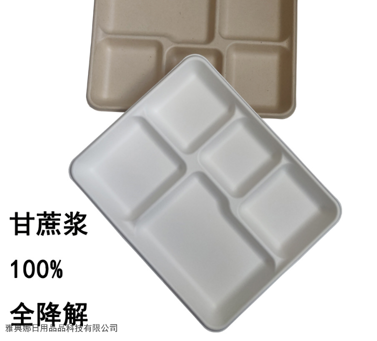 5-Grid Tray Cane Pulp Tableware Rectangular Service Plate Disposable Degradable Environment-Friendly Tableware