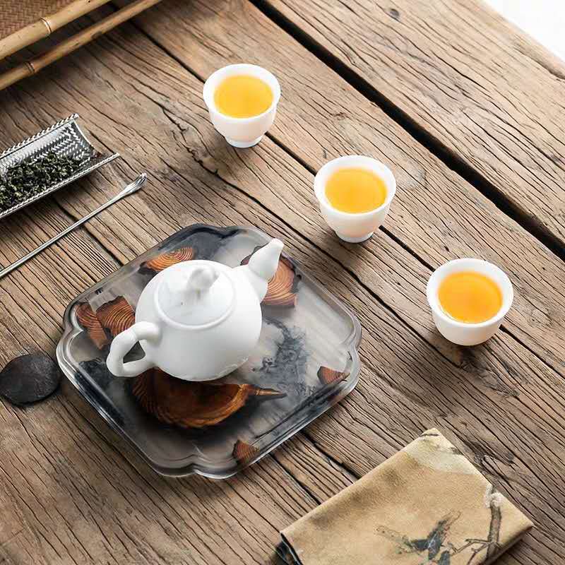 Resin Pine Tray Pot Tray Household Tea Table Solid Wood Simple Office Small Tea Tray Single Layer Tea Set Tea Ceremony